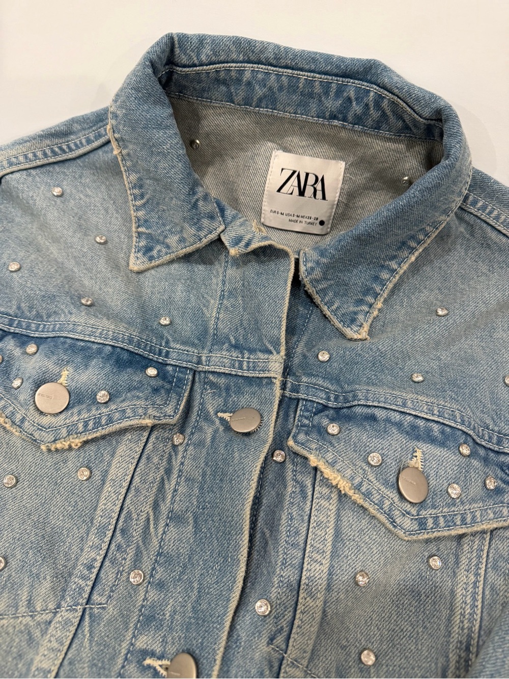 Zara Rhinestone Denim Jacket in Blue Size Medium